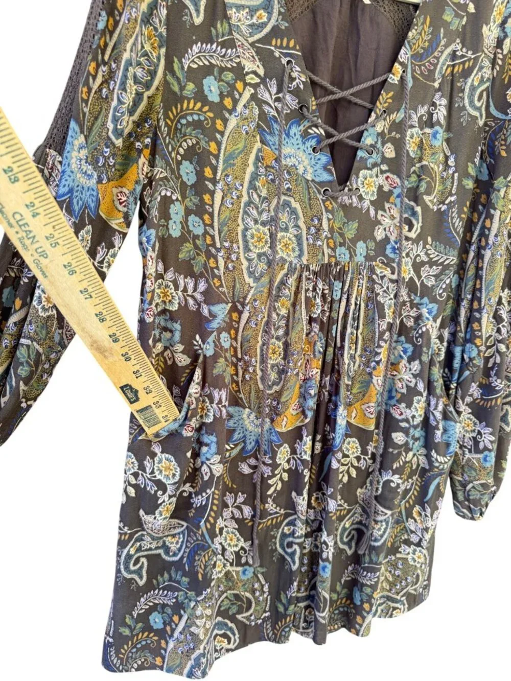 Free People Rain Or Shine Paisley Lace Up Boho Tunic Dress Pockets Size Small